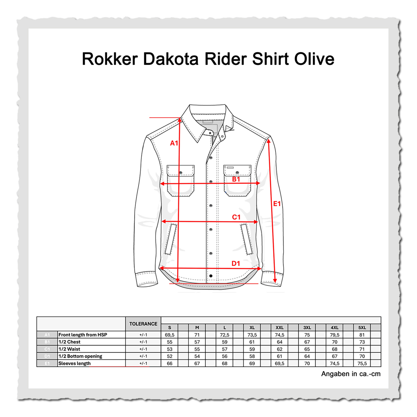 Größentabelle und Maßskizze eines Rider Shirts, rote Maßpfeile, Tabelle darunter, weißer Hintergrund.